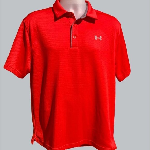 UNDER ARMOUR SOLID RED PARTIAL BUTTON COLLARED POLO STYLE HEATGEAR SHIRT LARGE - Picture 2 of 9